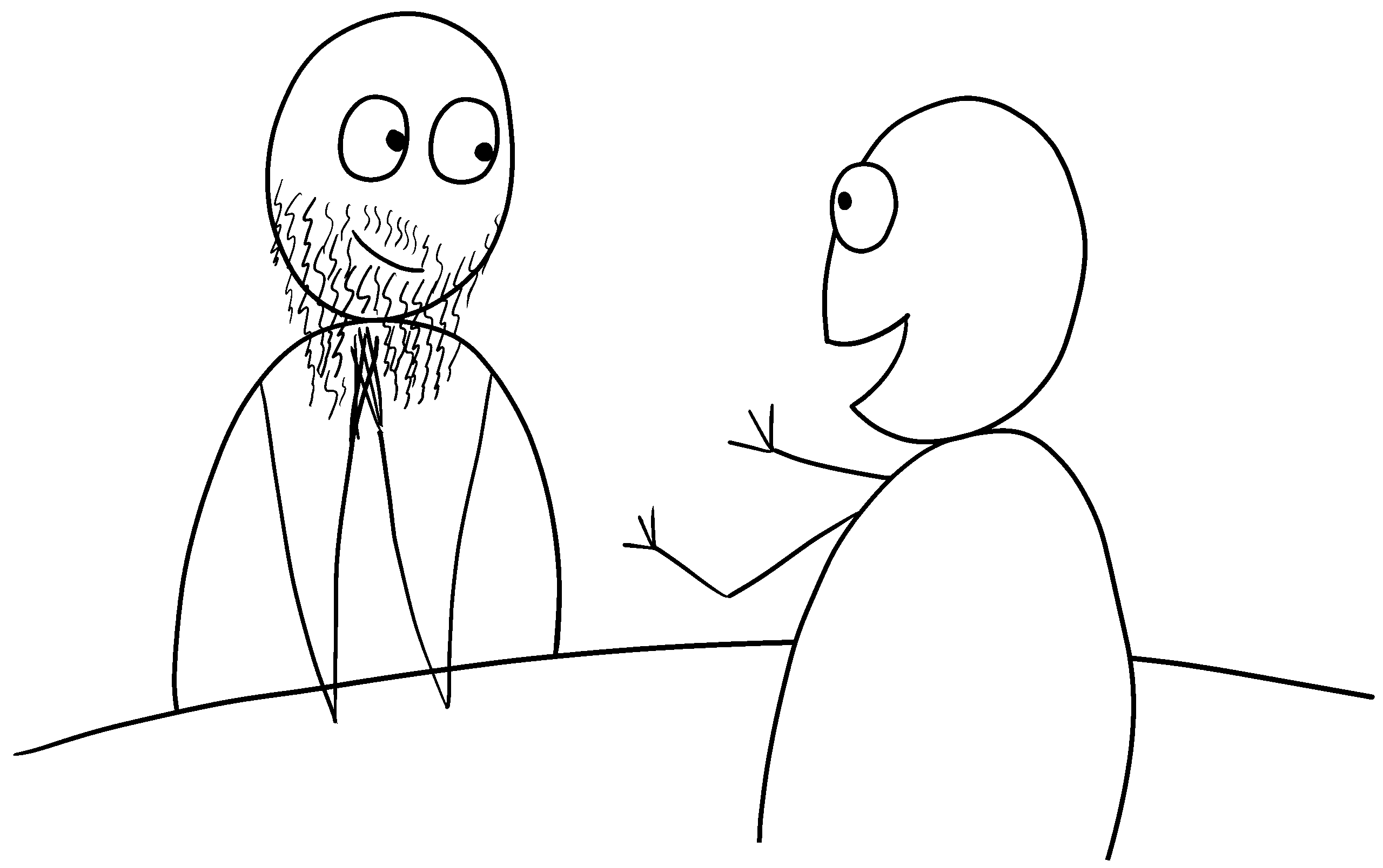 Sketch of two people sitting across from each other at a table. One is speaking and the other listening attentively.