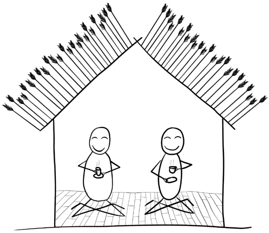 Two stick figures enjoying tea in a house that is protecting them from arrows